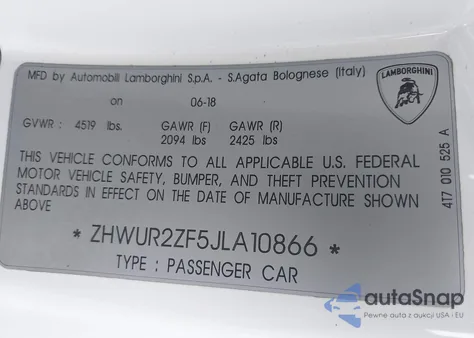 2018 Lamborghini Huracan Lp580-2S z USA, uszkodzony, nr VIN ZHWUR2ZF5JLA10866